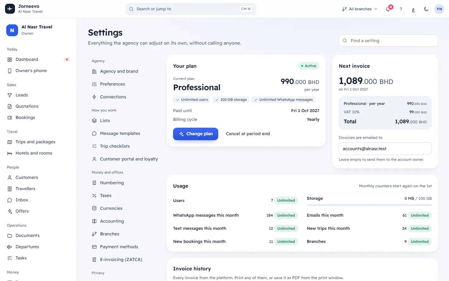 Plan and billing: the current plan, usage and invoices