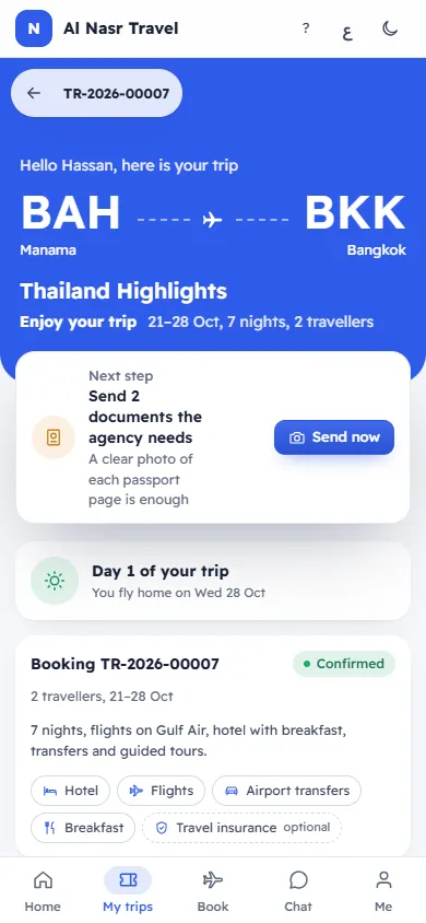A booking in the customer app with payments and documents (on a phone)