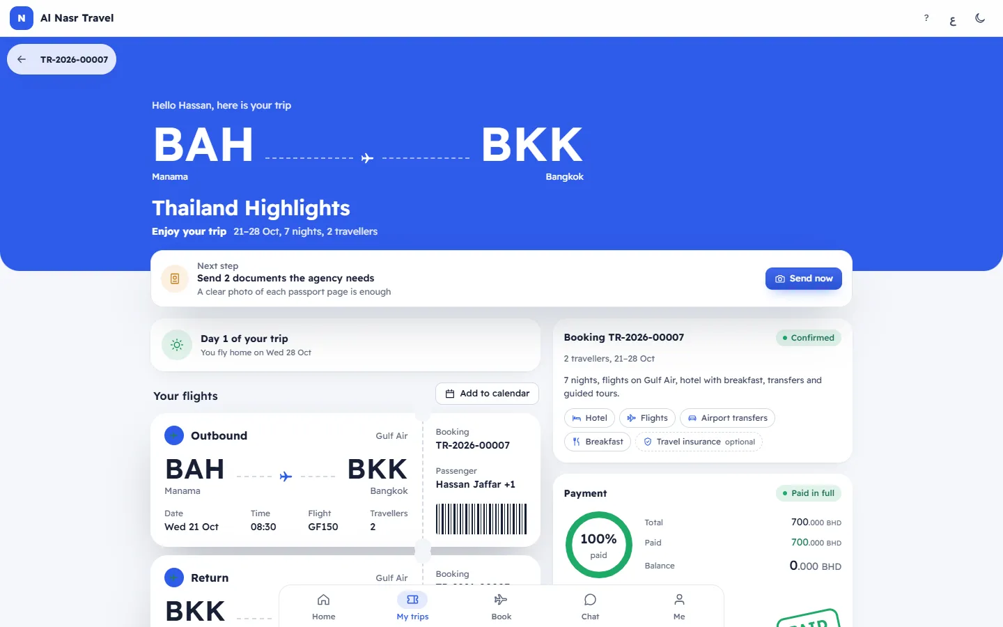 A booking in the customer app with payments and documents