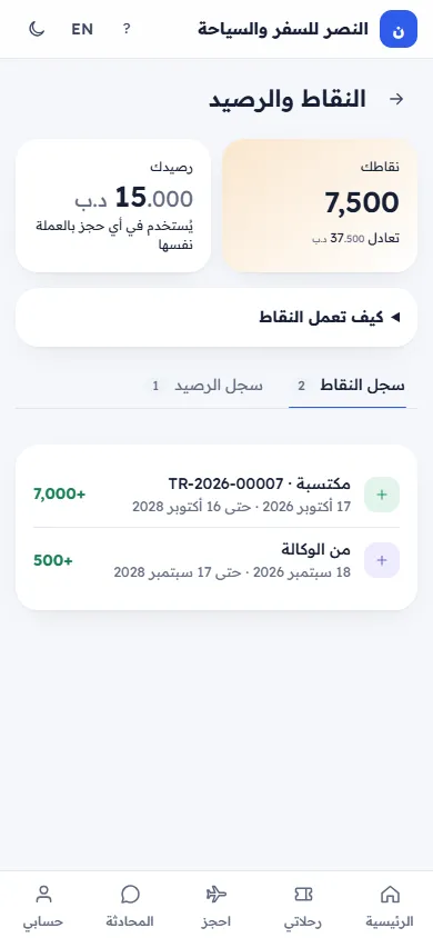 النقاط والرصيد مع سجلهما (على الجوال)