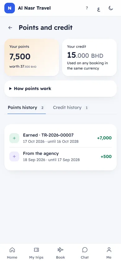 Points and credit with their history (on a phone)