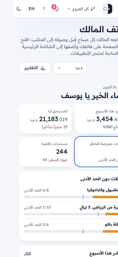 عرض هاتف المالك مع المبيعات والمقبوضات وما يحتاج إلى متابعة (على الجوال)