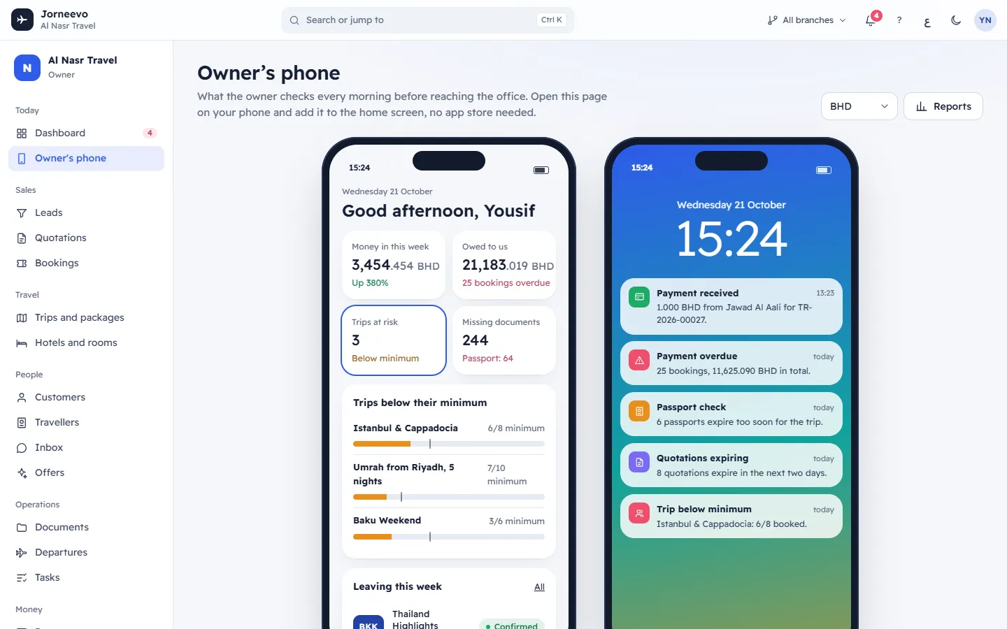 The owner’s phone view with sales, money in and what needs attention