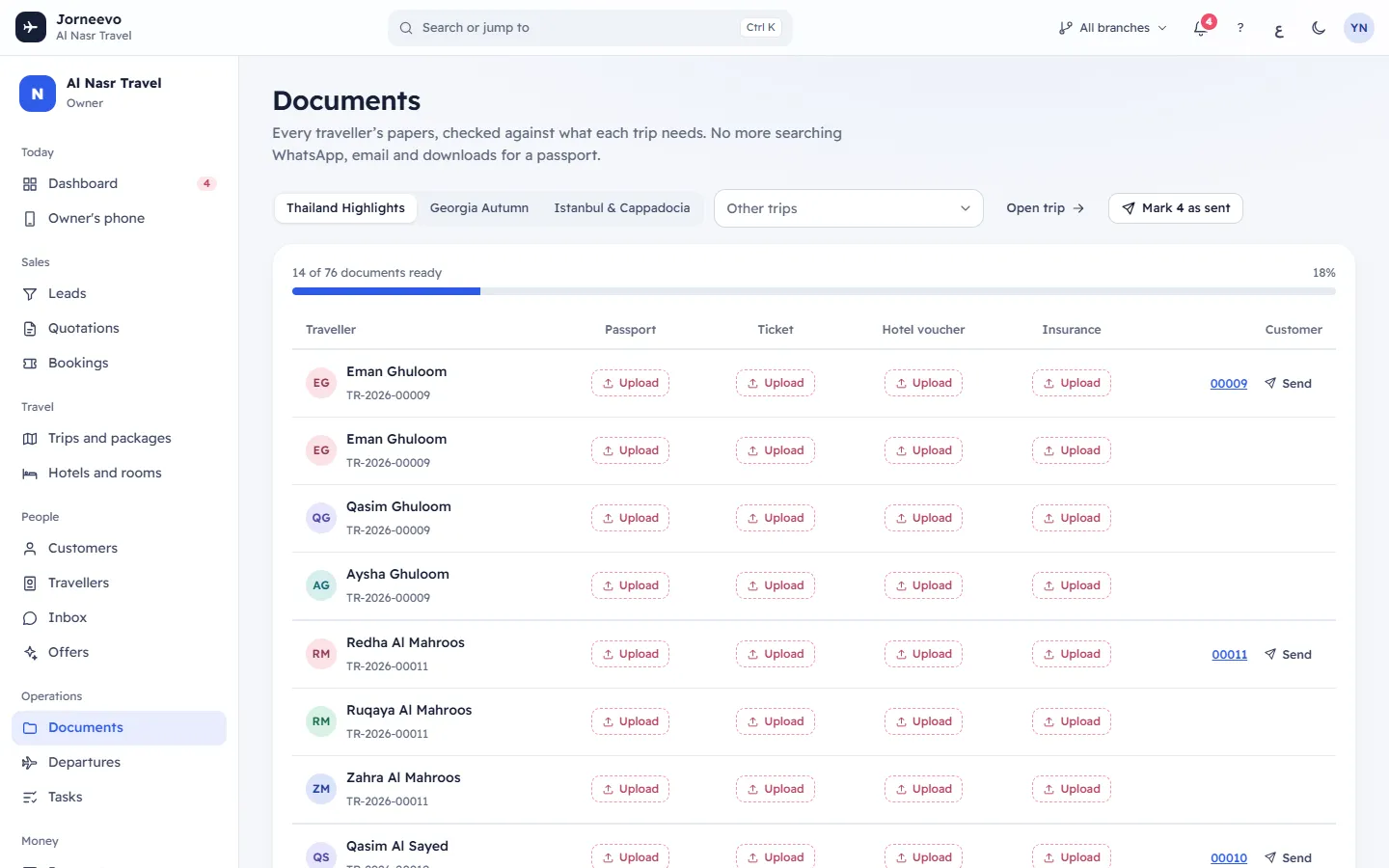 The Documents screen with what is missing per trip