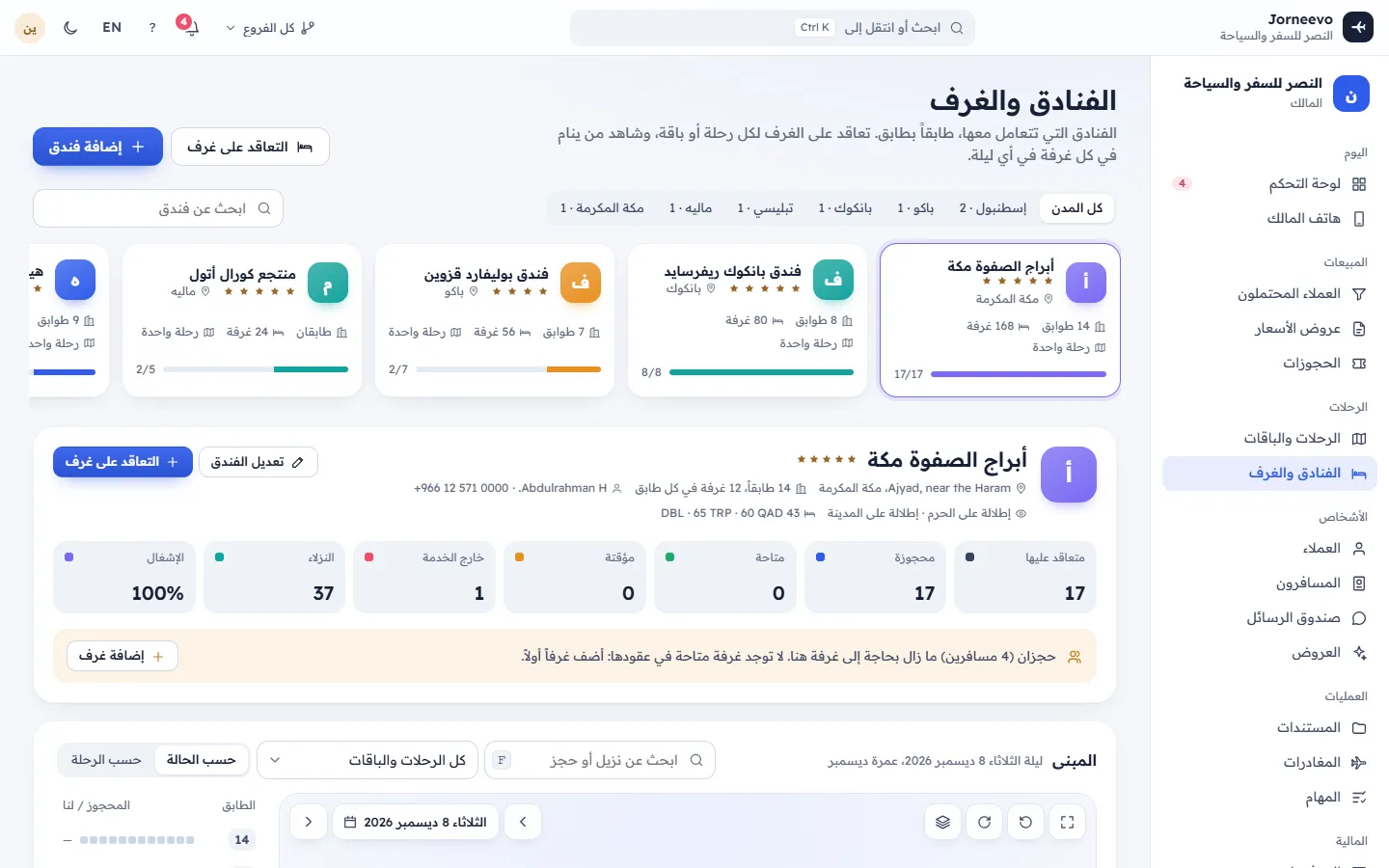 شاشة الفنادق والغرف مع قائمة الفنادق والمبنى