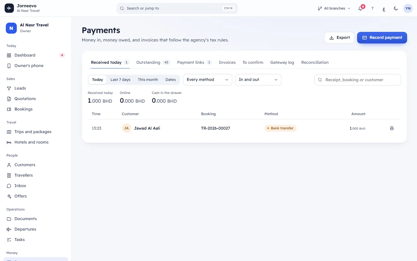 The Payments screen with payments in, outstanding balances and tabs