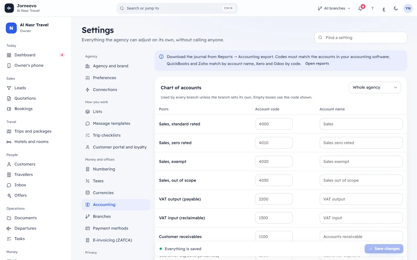 Accounting settings: accounts and the export to the accounting system
