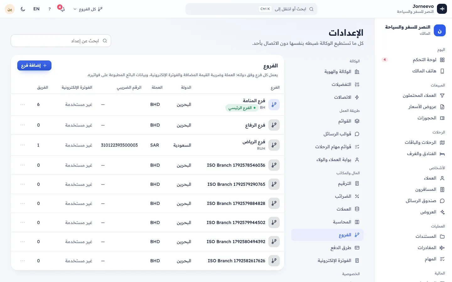 قسم الفروع مع كل فرع وبياناته