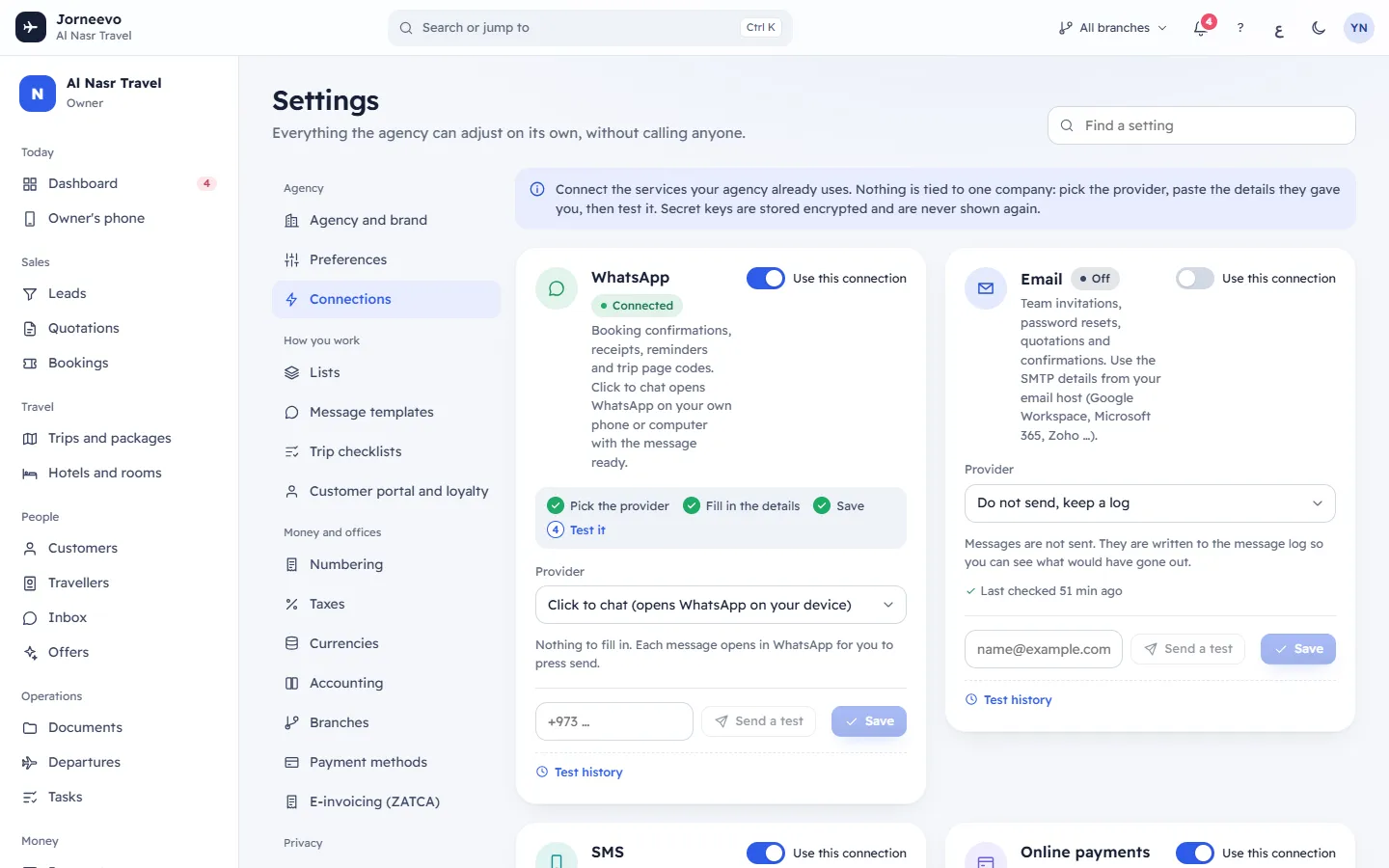 Connections: email, SMS, WhatsApp and payment gateways