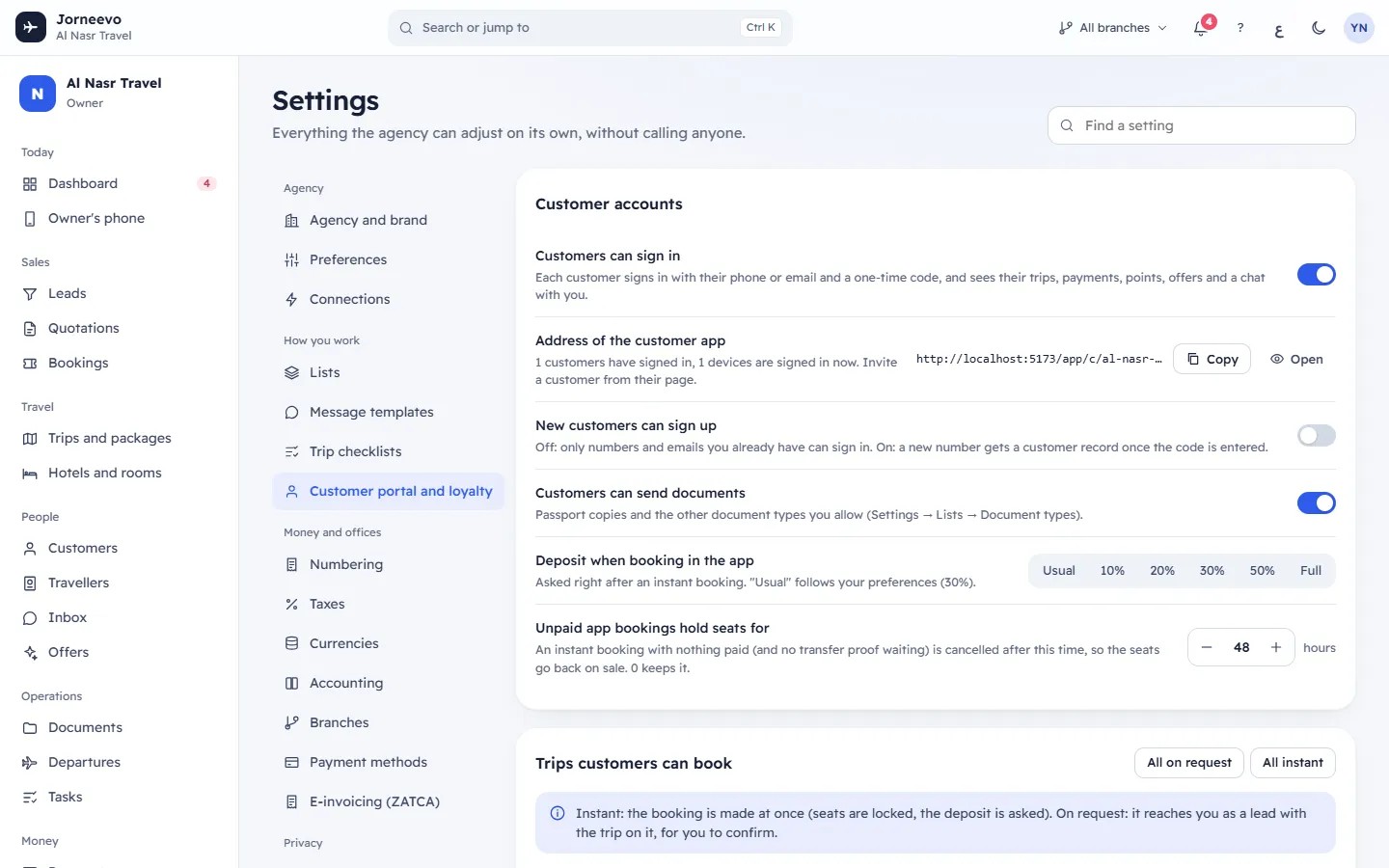 Customer app and loyalty settings