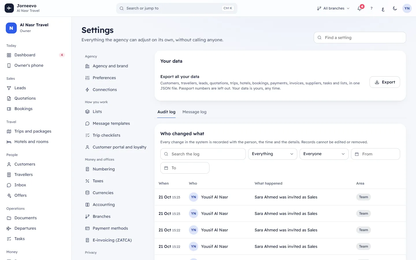Data and logs: exports, imports and the message log
