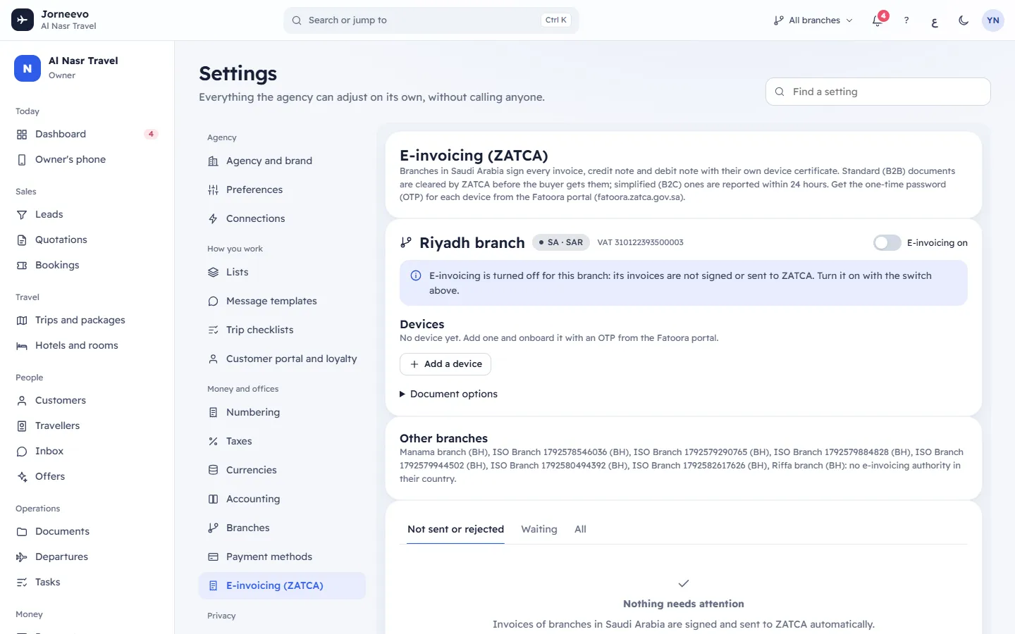 The E-invoicing section with the ZATCA connection steps