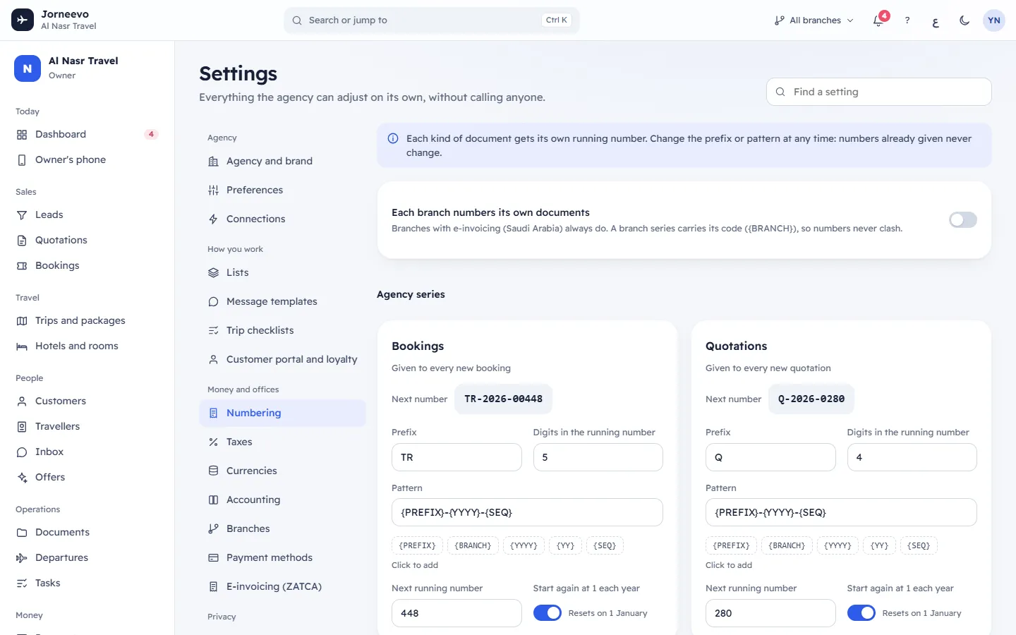 Numbering formats for bookings, invoices and receipts