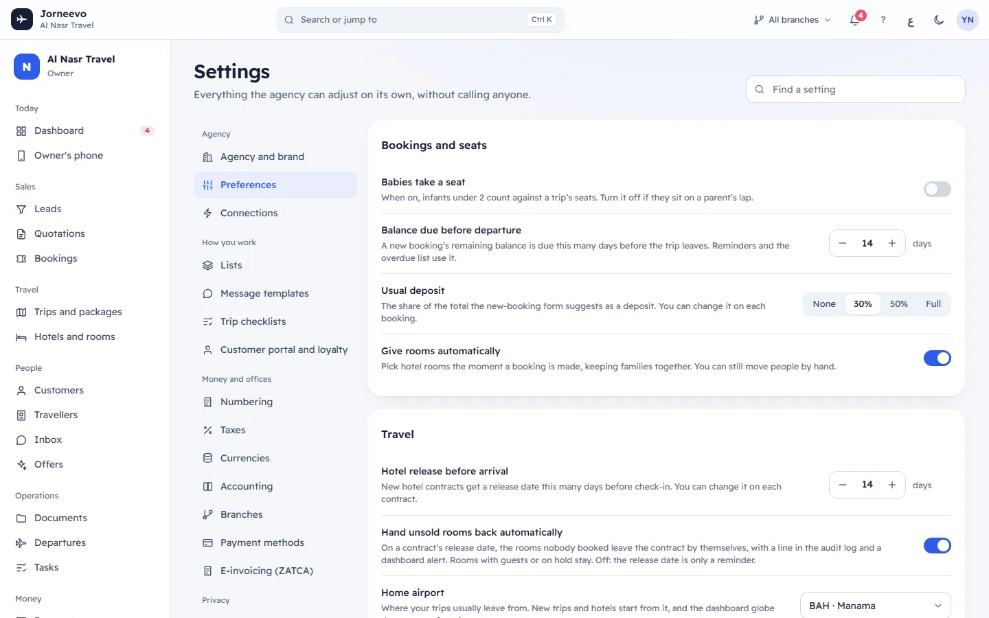 Agency preferences such as language, time zone and deposits