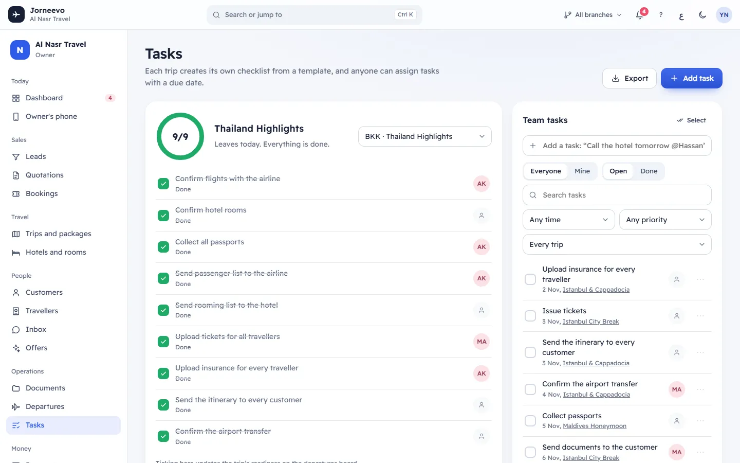 The Tasks screen with the trip checklist and the task list