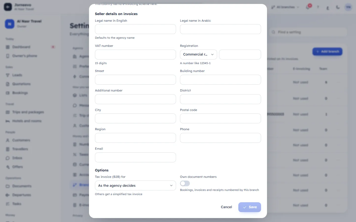 The new branch form with country, short code and seller details