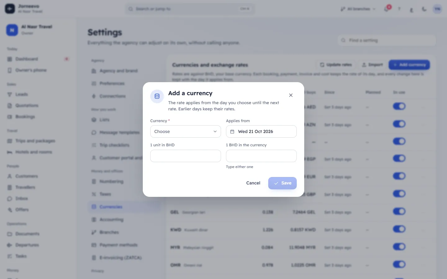 The Add currency window with the currency and its rate
