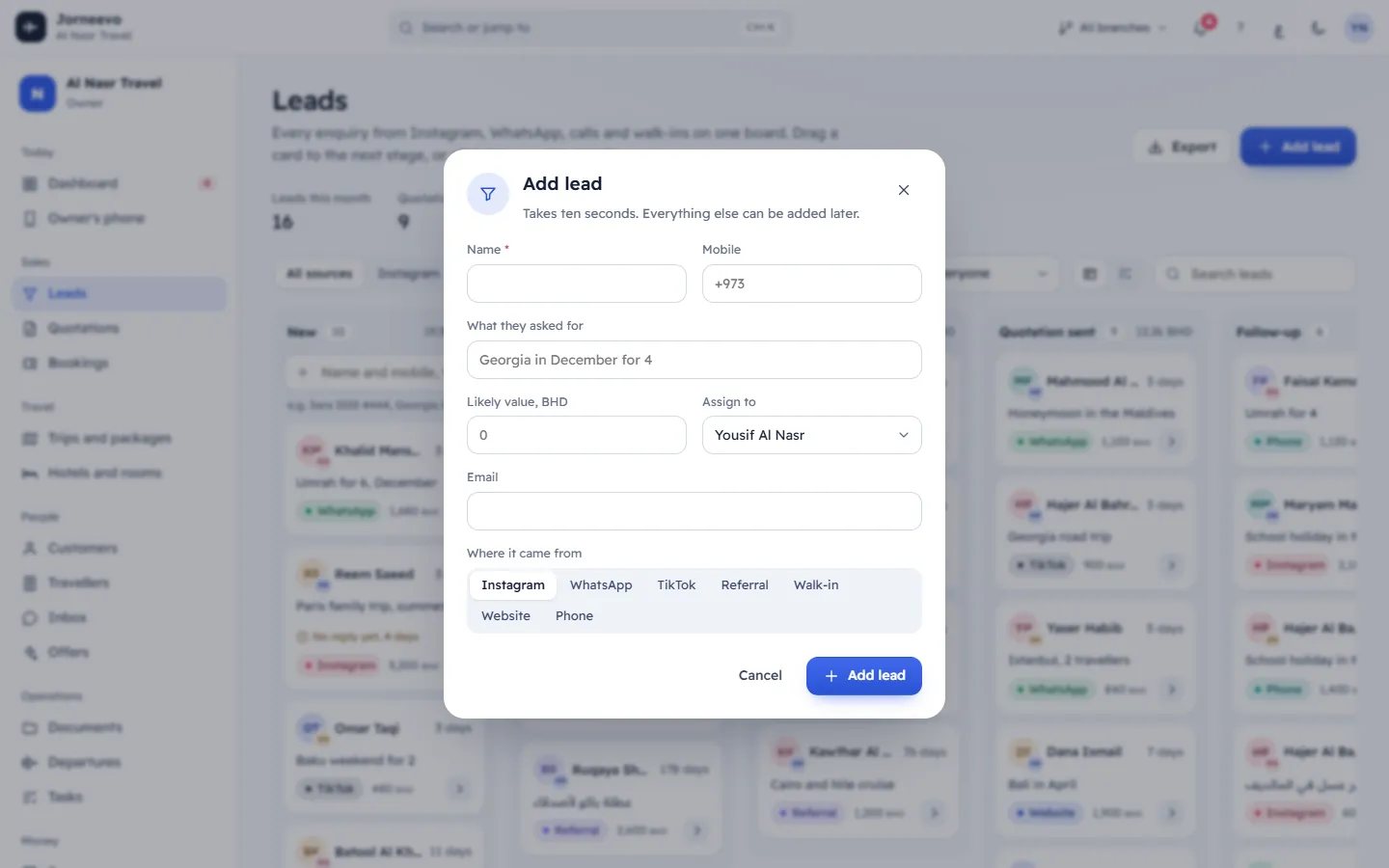 The Add lead form with name, mobile and request