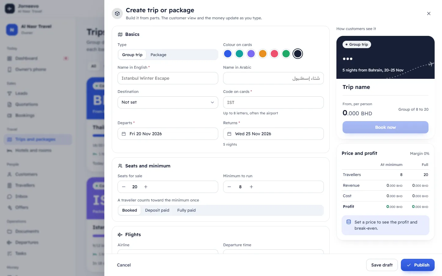 The trip editor with basics, seats, prices and the preview