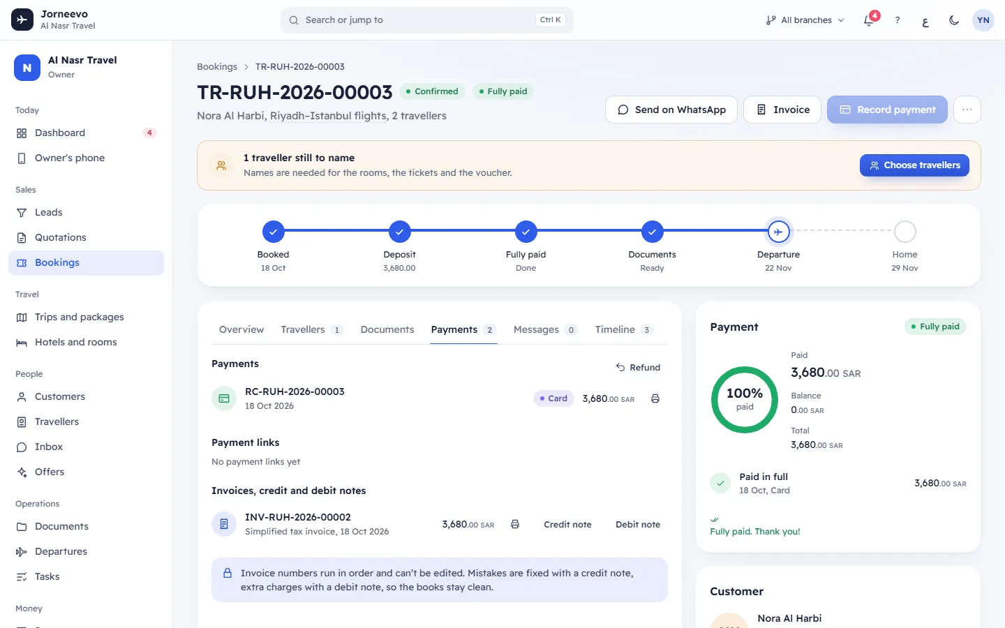 The booking’s invoices, where a credit or debit note starts