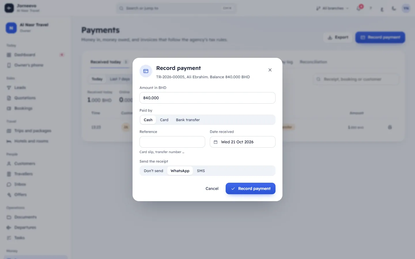 The Record payment window with amount, method, reference and receipt