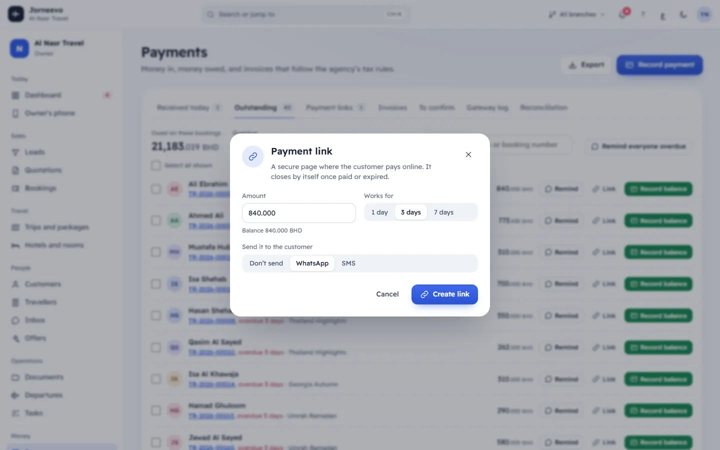 The payment link window with amount, validity and how to send it