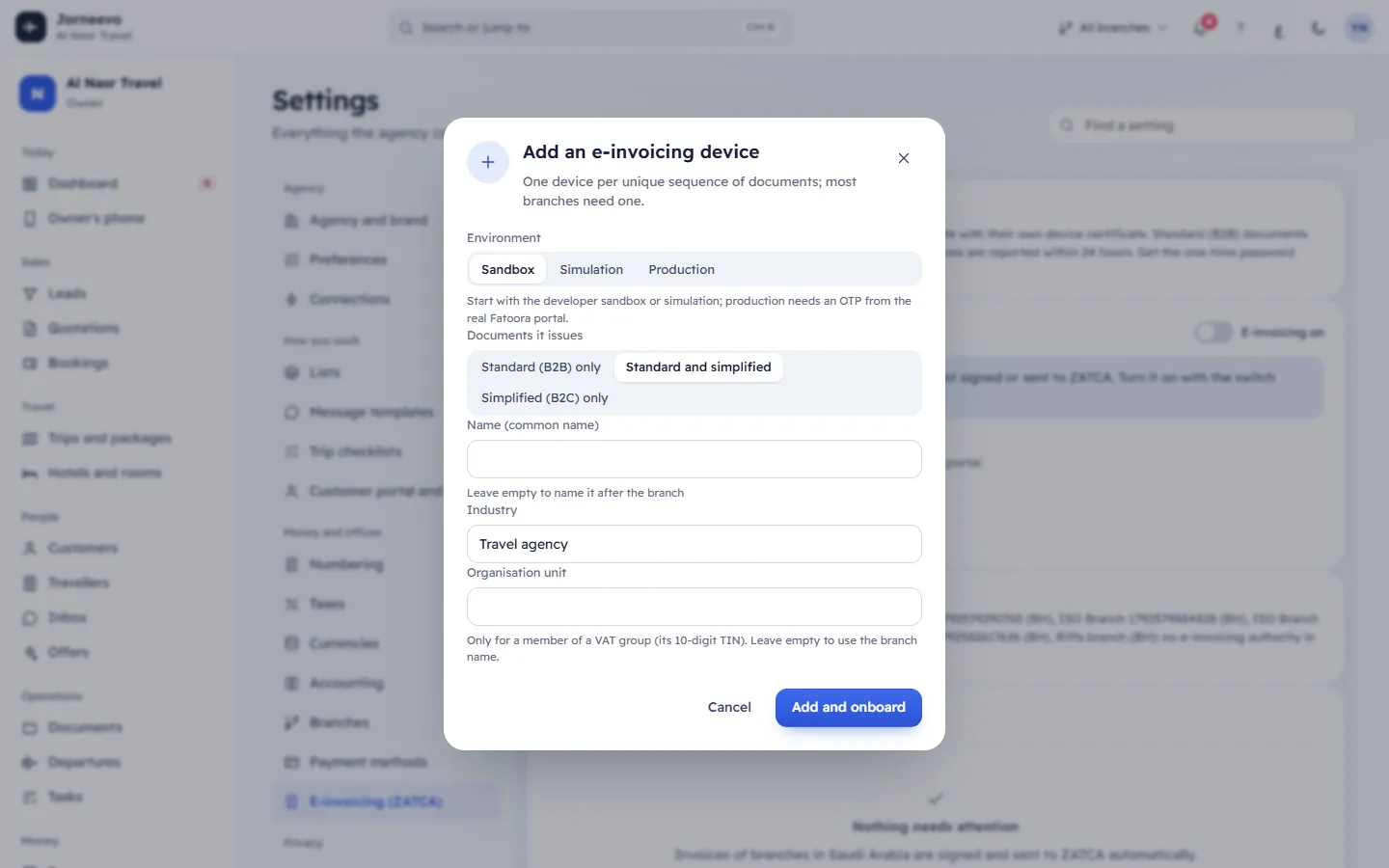 The Add a device window for ZATCA e-invoicing