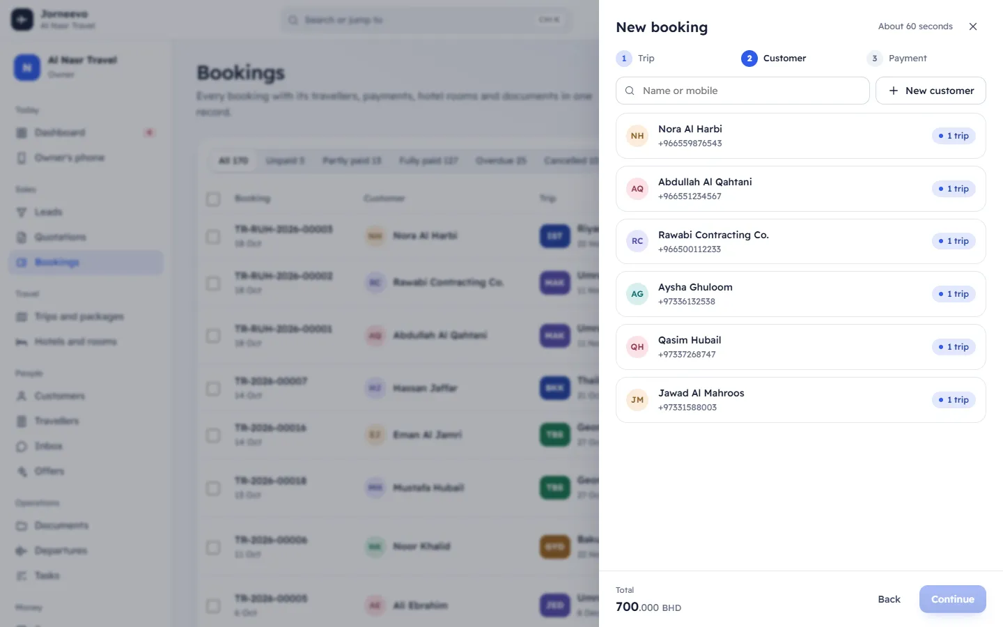 The New booking panel where the deposit is taken by payment link