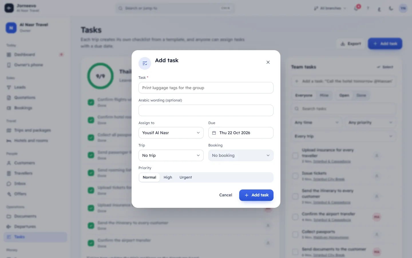The Add task window over the Tasks screen