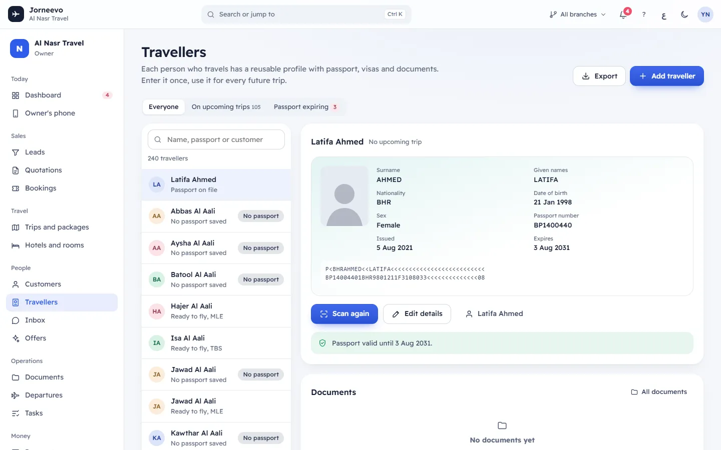 The Travellers list with passport details and expiry warnings