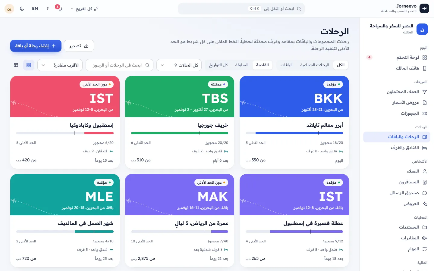 قائمة الرحلات والباقات مع المقاعد وتواريخ المغادرة